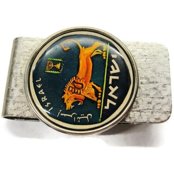Israel Coin Money Clip 5 Lirot Stainless Steel Enameled Wallet Credit Card Cash - Picture 2 of 7
